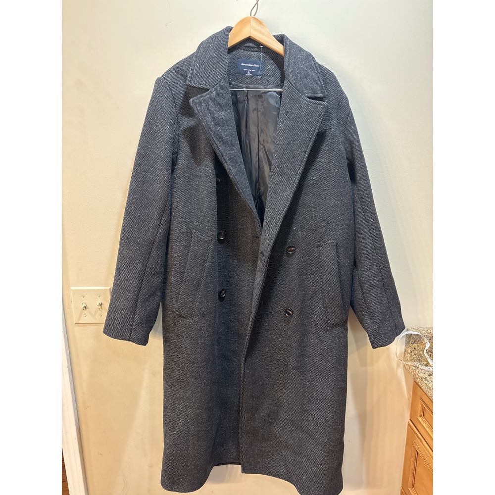 Abercrombie & Fitch Mens Charcoal Grey Wool Blend Double Breasted Topcoat L Tall
